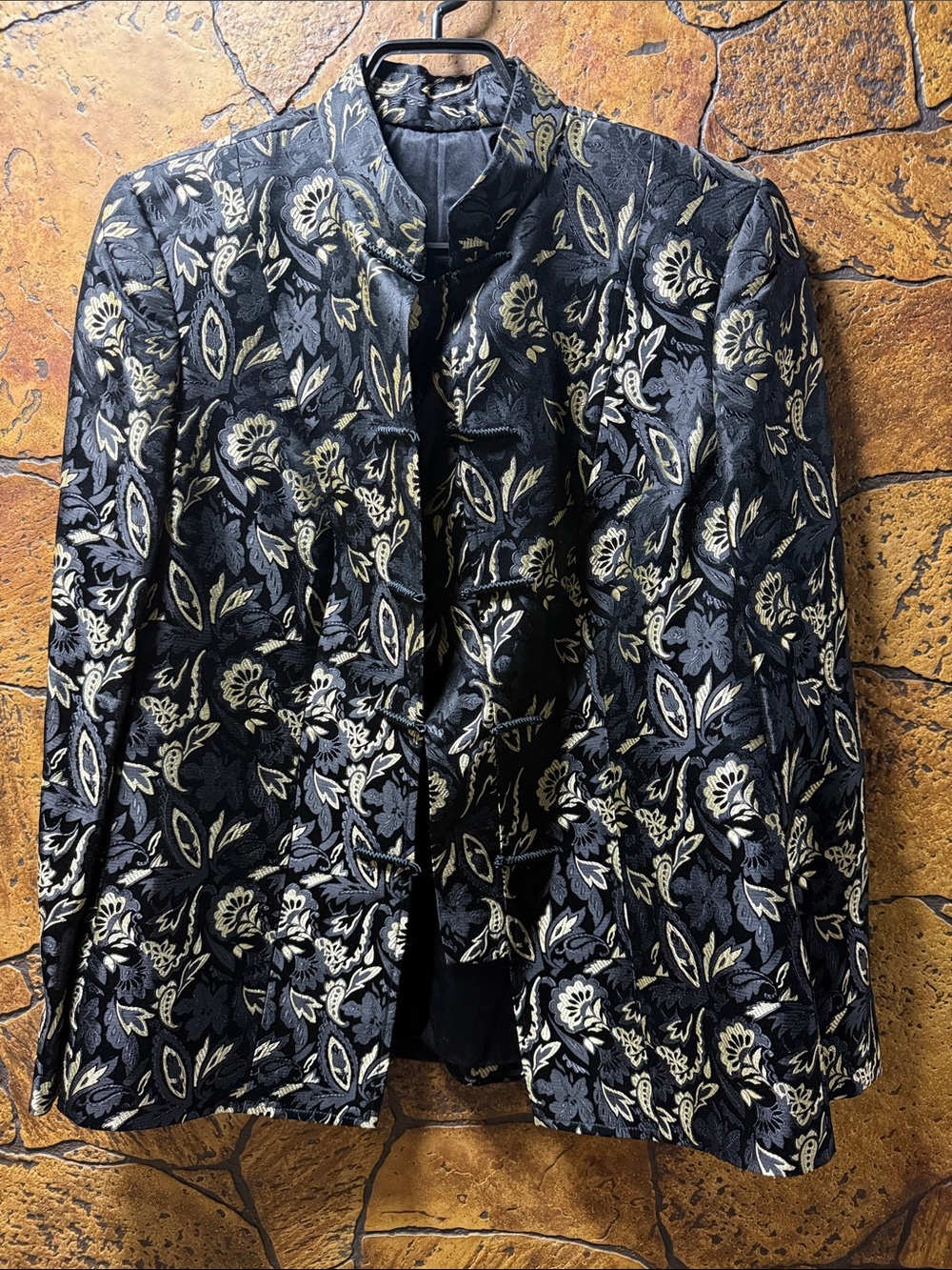 Black Floral Jacquard Blazer with Metallic Accents P2P 18” Length 26